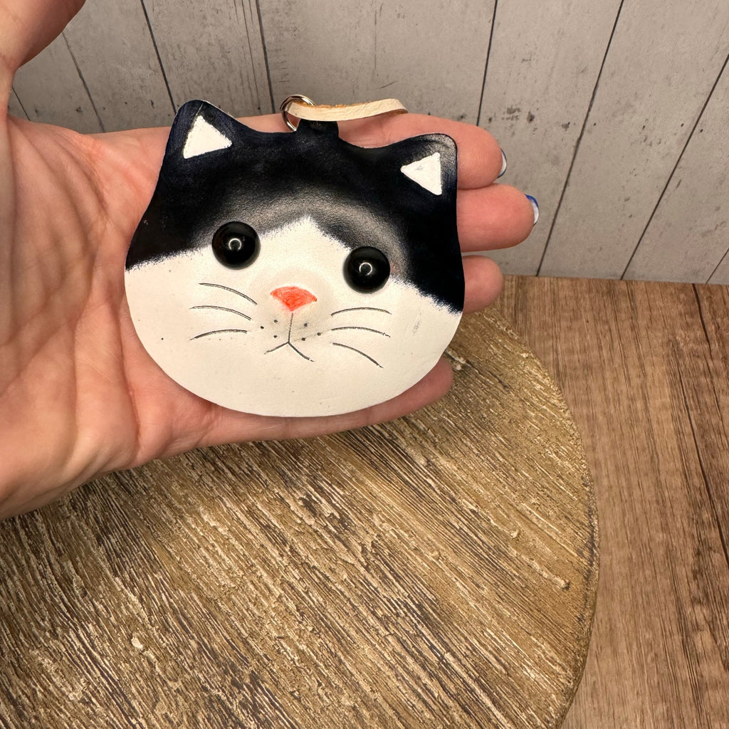 Genuine Leather Black Cat Bag Charm Leather Hand Painted Kitty Cat Purse Charm