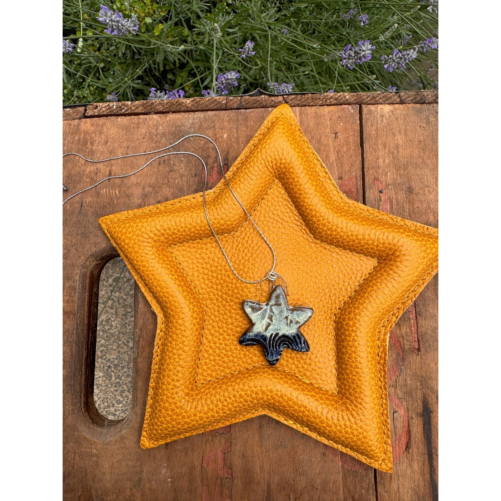 Boho Star Pendant Necklace Jewelry Boho Pottery Ceramics Necklace White Blue