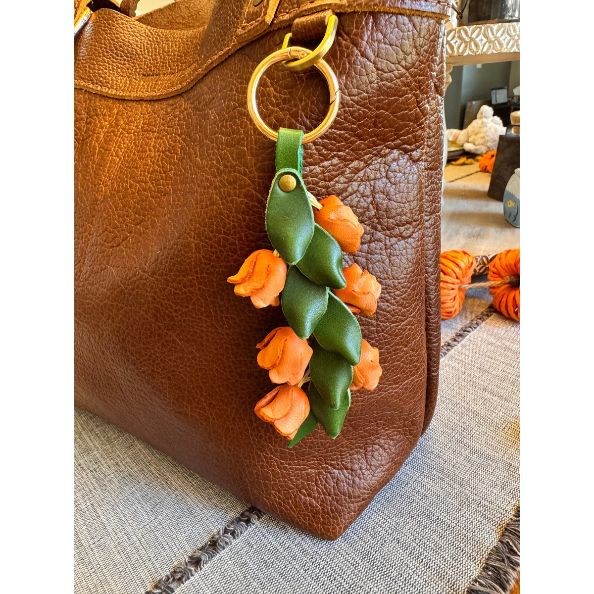 Genuine Leather Orange Trailing Flower Purse Charm Leather Bag Charm