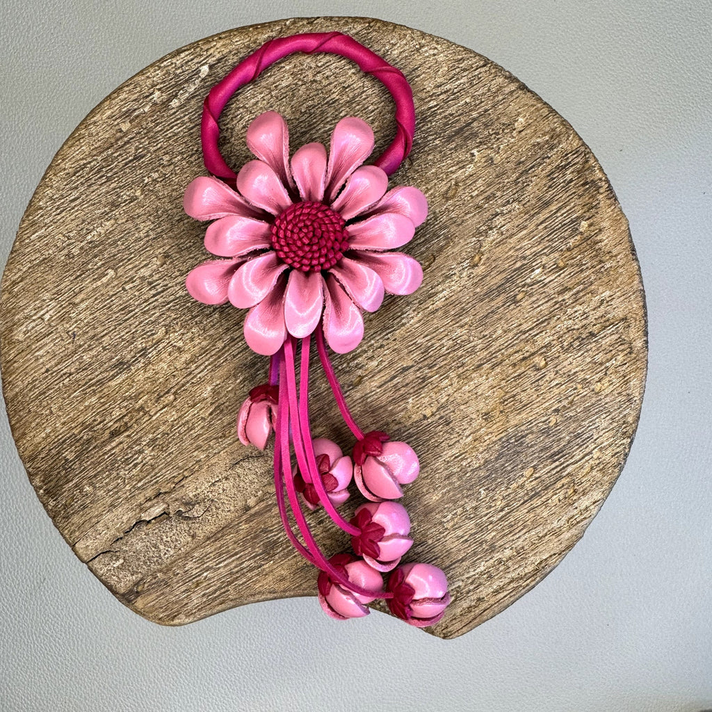 Leather Flower Purse Charm Genuine Leather Pink Gerbera Daisy Bag Charm