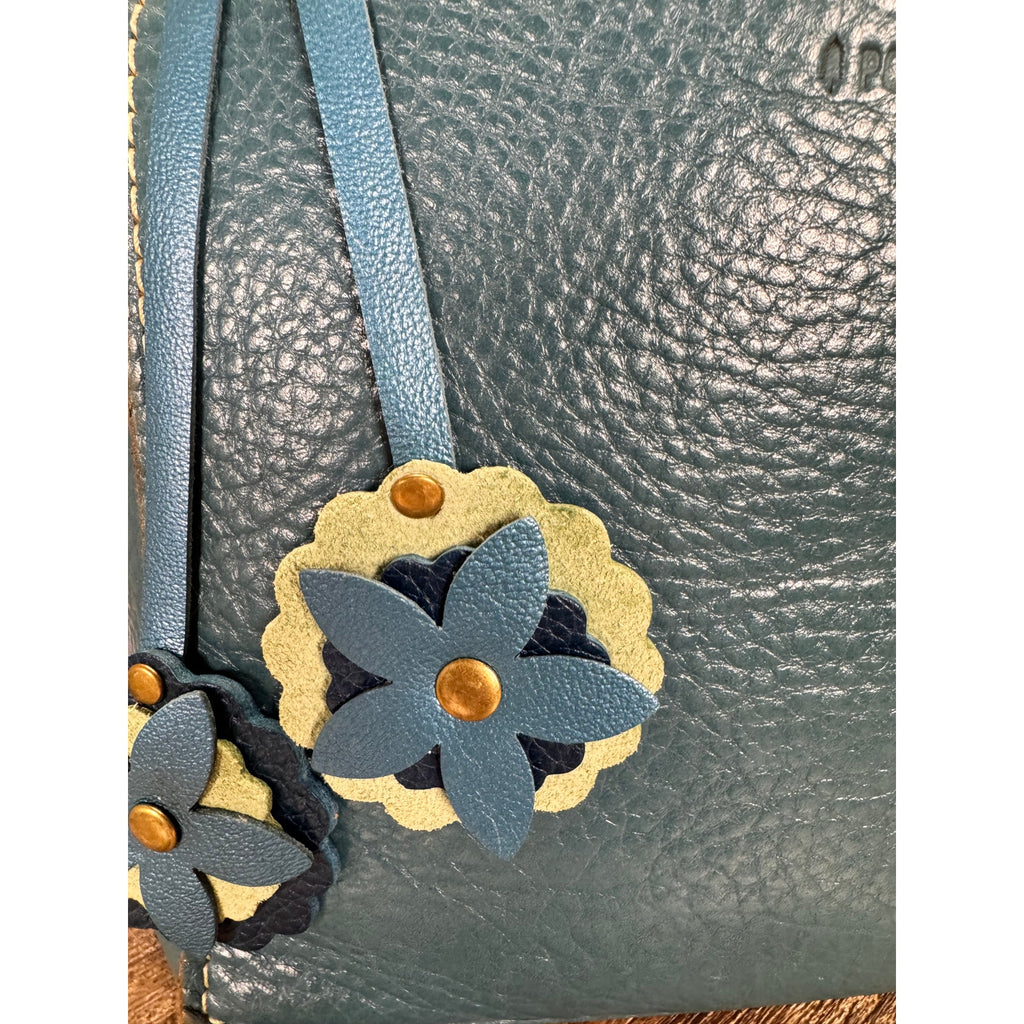 Double Flower Bag Charm Genuine Leather Green Blue Purse Charm NEW!