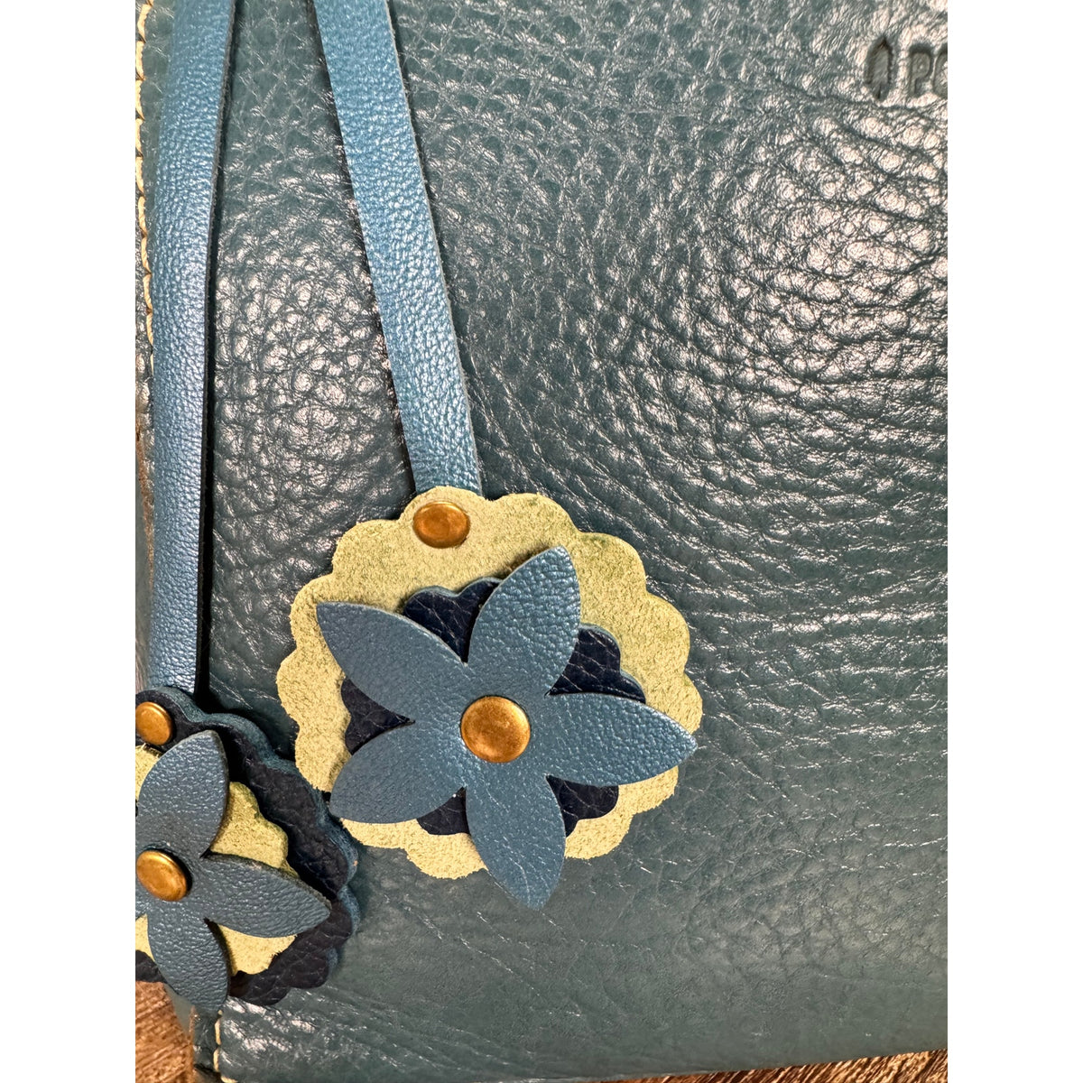 Double Flower Bag Charm Genuine Leather Green Blue Purse Charm NEW!