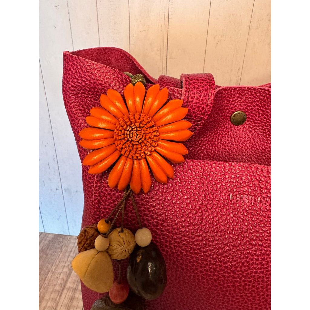 Summer Orange Gerbera Daisy Purse Charm Genuine Leather Flower Bag Charm