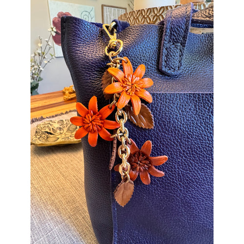 Autumn Orange Flower Bag Charm Genuine Leather Purse Charm Flower Charms NEW!