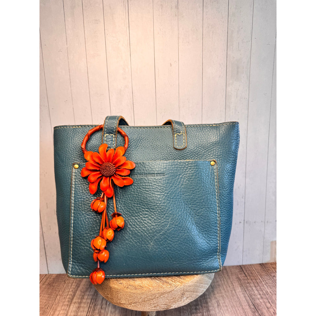 Leather Mum Flower Dahlia Orange  Purse Charm Genuine Leather Flower Bag Charm
