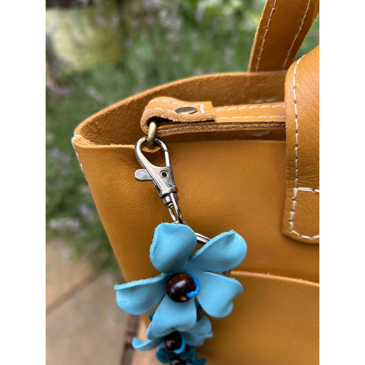 Plumeria Flower Bag Charm Genuine Leather Bag Charm Light blue Flower Charm