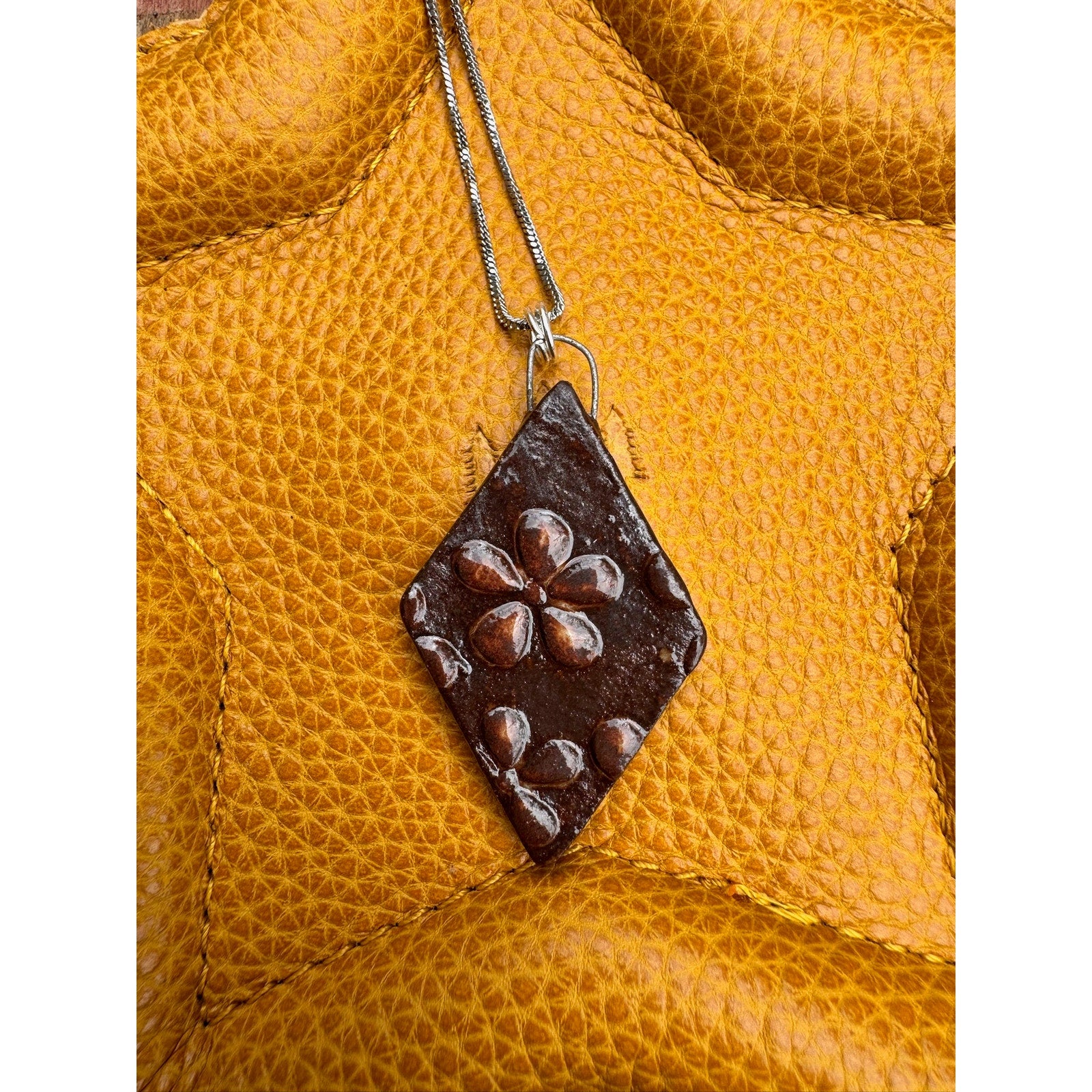 Diamond Shaped Daisy Neutral Pendant Necklace Handcrafted Boho Pendant Necklace