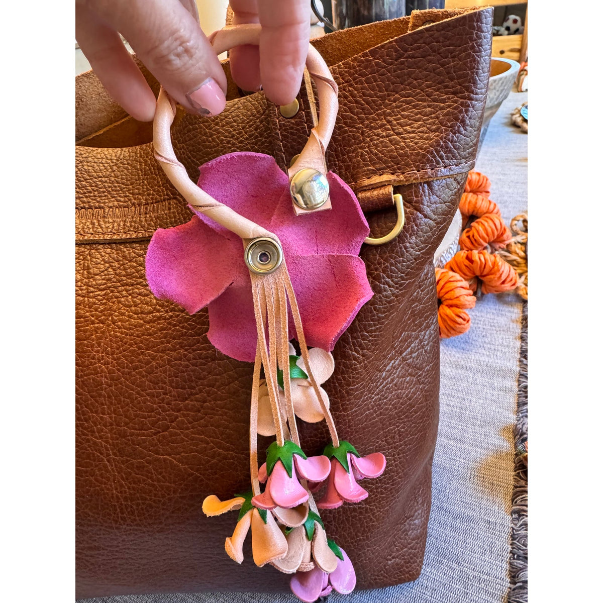 Poppy Pink Rose Purse Charm Flower Bag Charm Genuine Leather Accessories NEW!