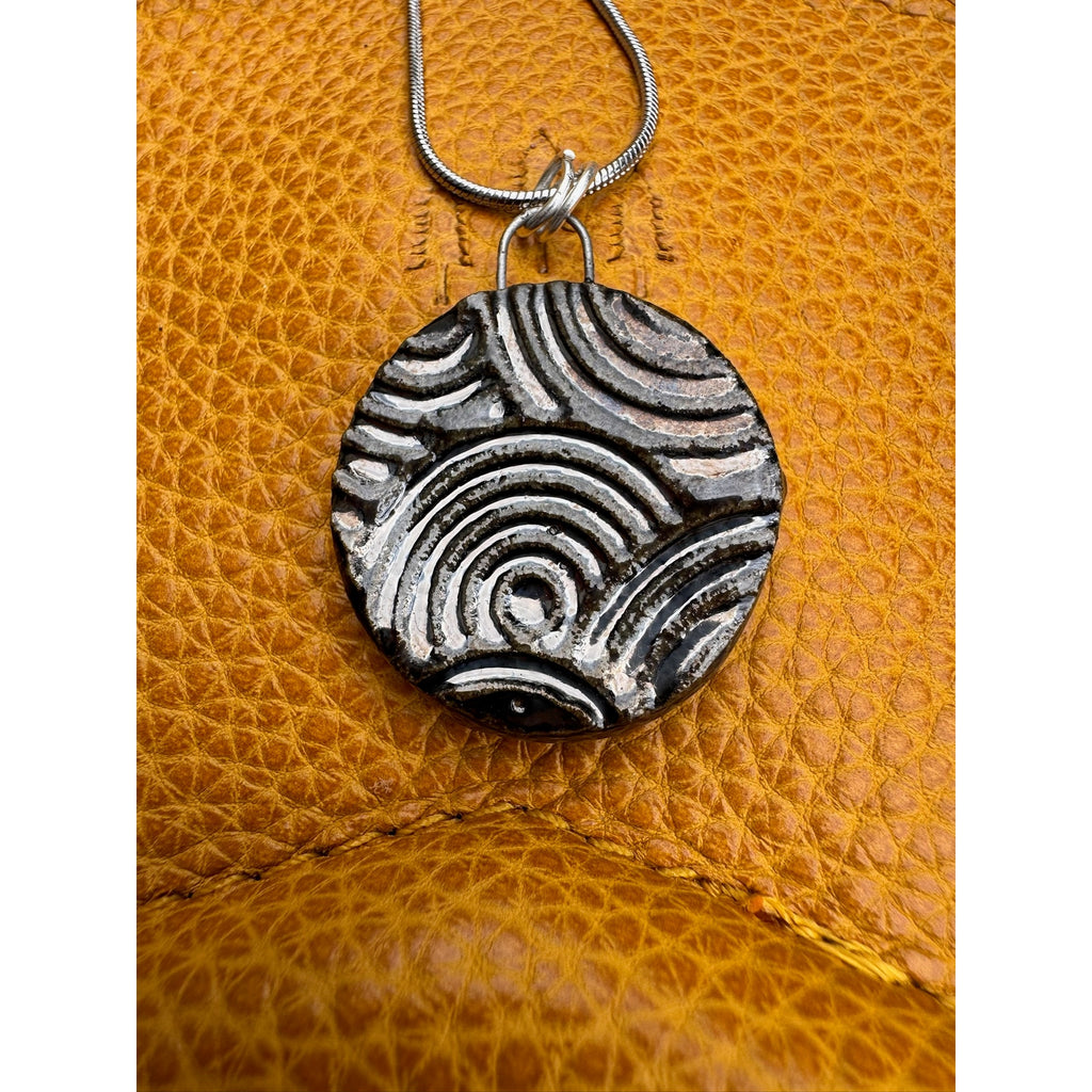 Kiln Fired Off Mirror Black Pendant Necklace Handcrafted Ceramic Circle Necklace