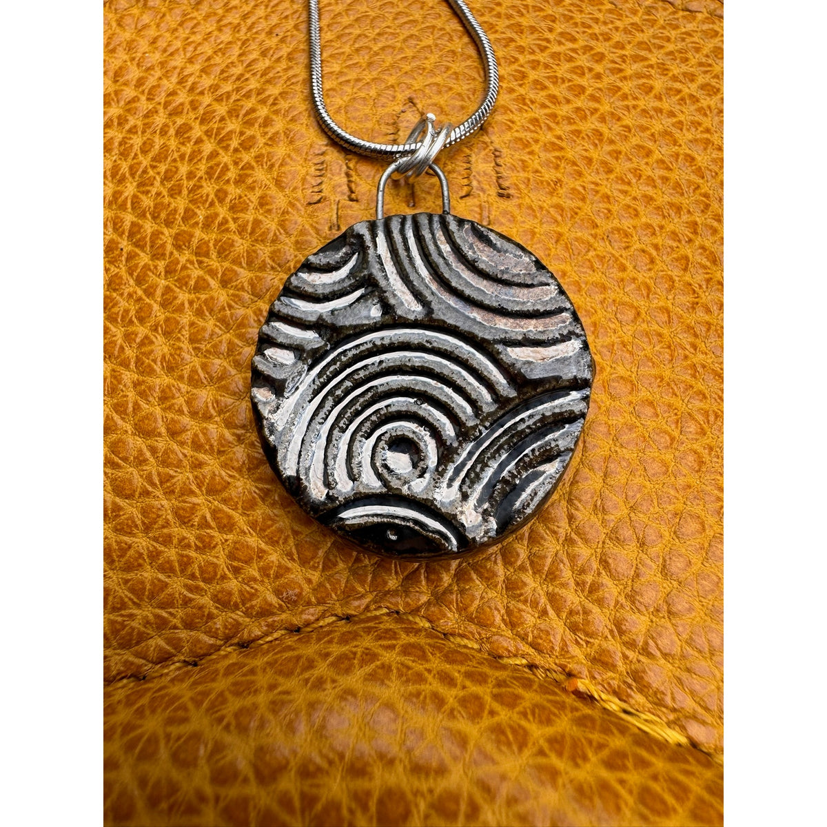 Kiln Fired Off Mirror Black Pendant Necklace Handcrafted Ceramic Circle Necklace