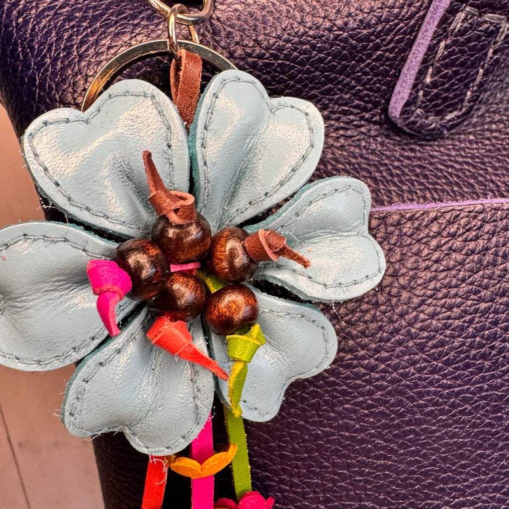 Baby Blue Daisy Flower Leather Bag Charm Genuine Leather Purse Charm Flowers