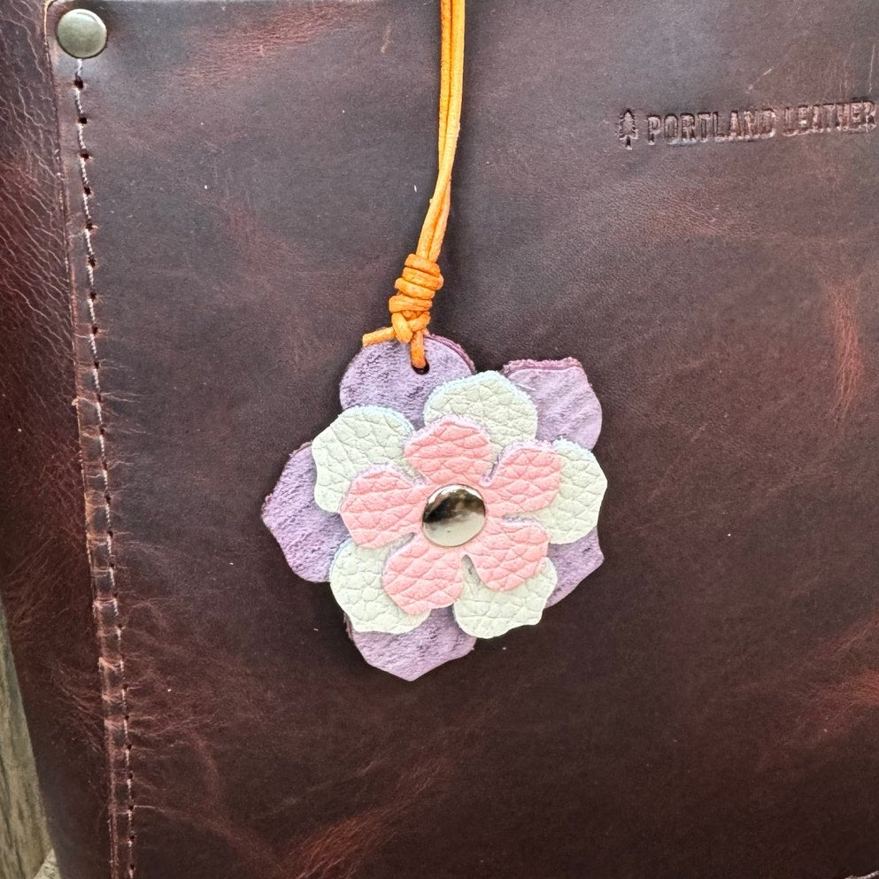 Leather Charm Pink Purple Flower Bag Charm Genuine Leather Purse Keychain