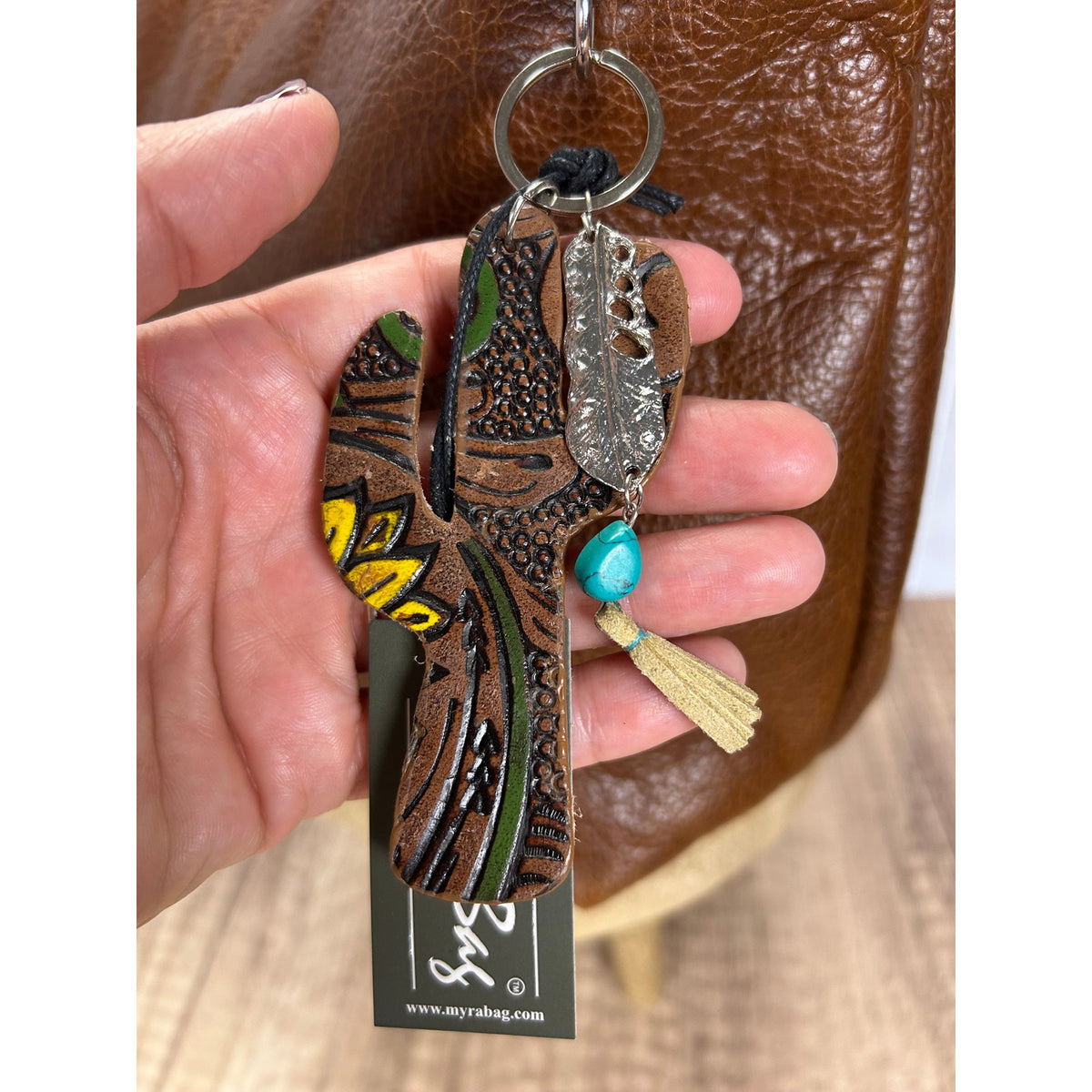 Cute Cactus Purse Charm Western Cactus Genuine Leather Bag Charm