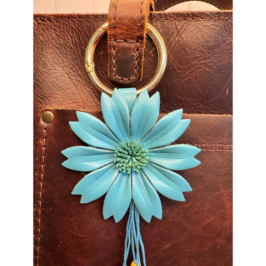 Blue Dahlia Purse Charm Genuine Leather Flower Blue Bag Charm NEW FAST SHIP