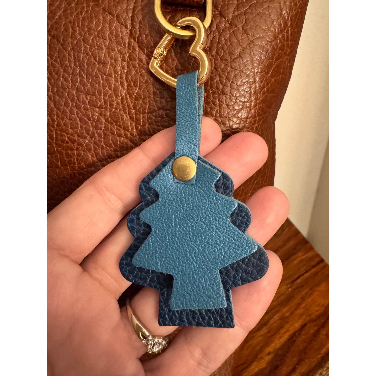 Holiday Blue Christmas Bag Charm Genuine Leather Christmas Tree Purse Charm