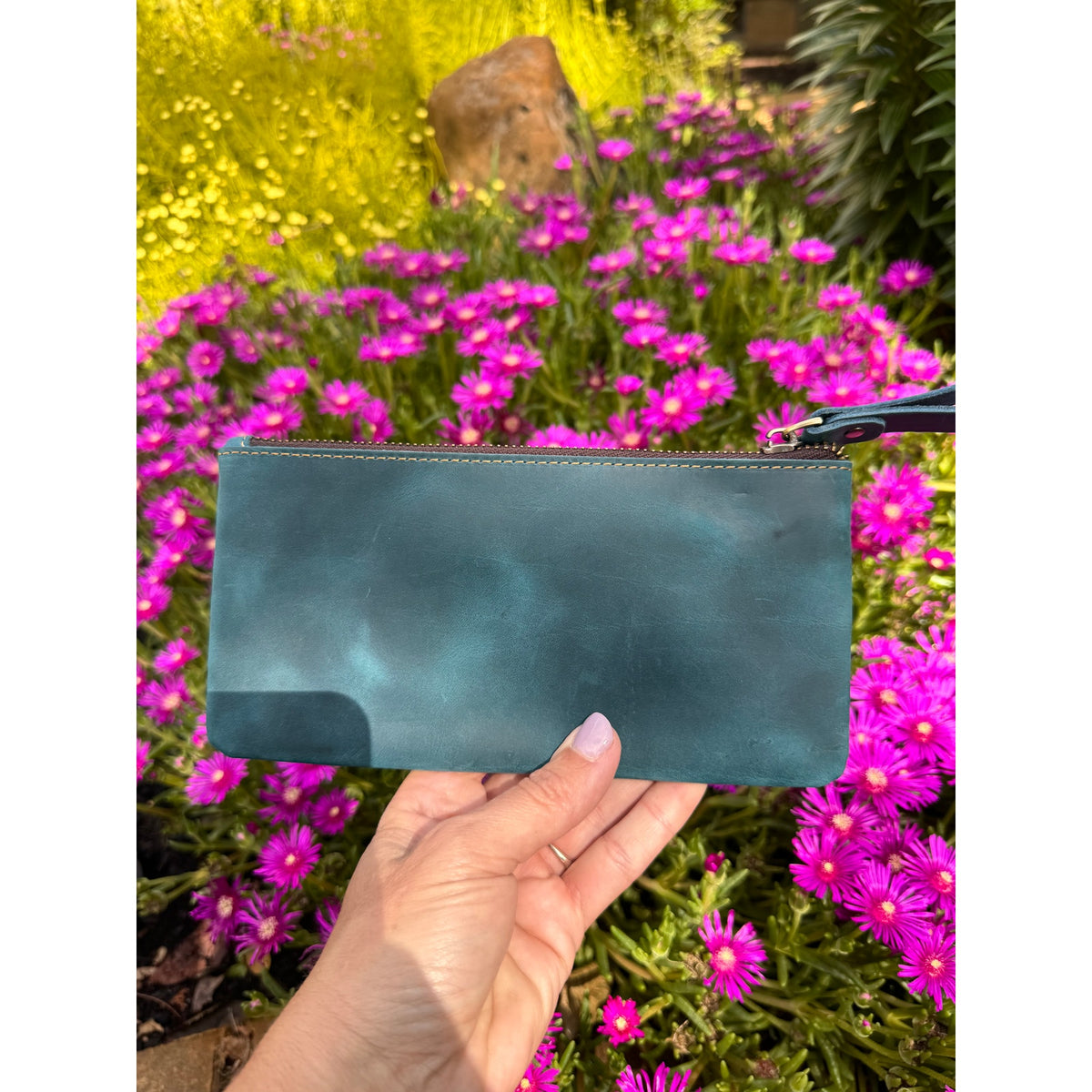 Genuine Leather Ocean Blue Dark Makeup Bag Clutch Pouch Leather Wristlet Bag