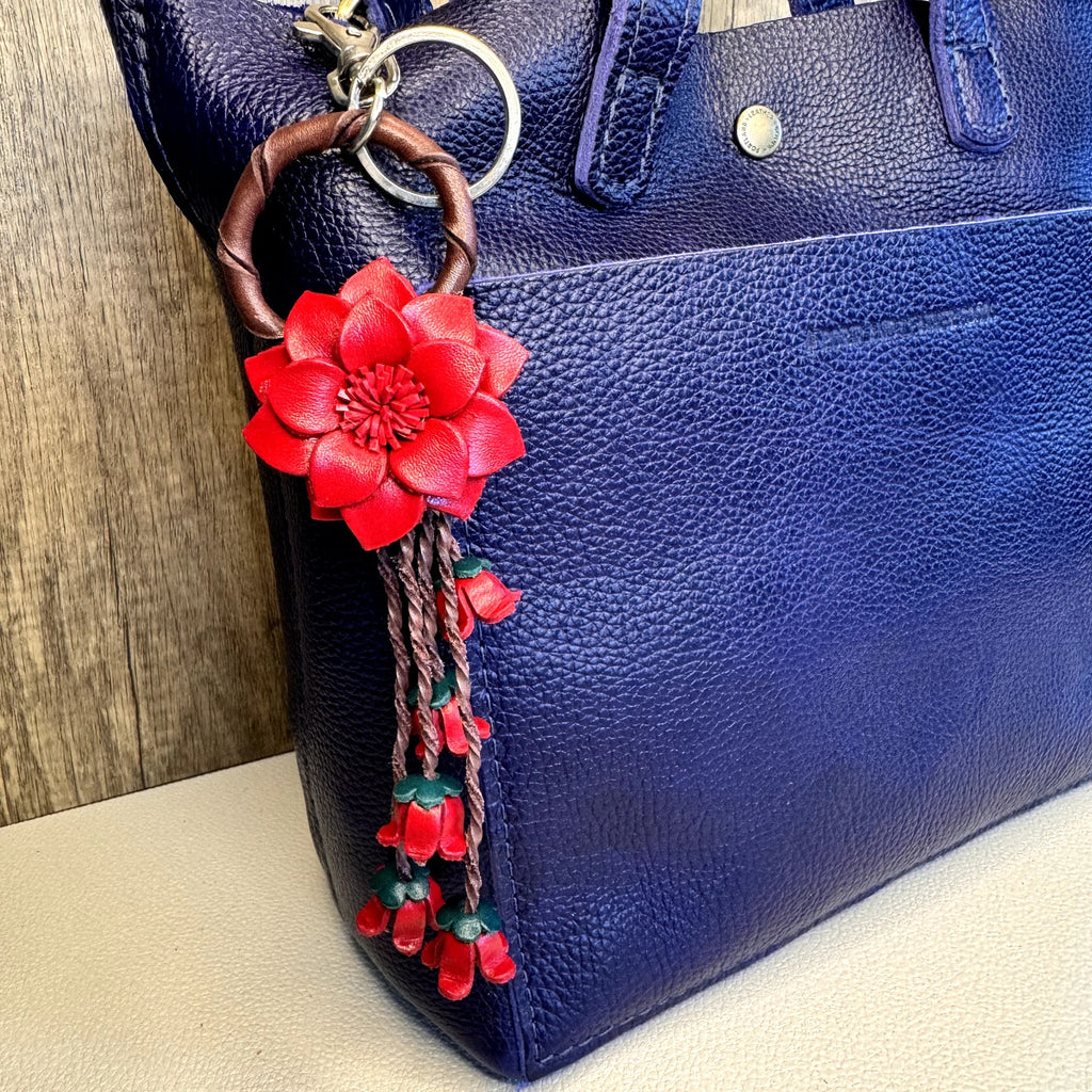 Leather Red Flower Purse Charm Genuine Leather Bag Charm NEW FAST SHIP