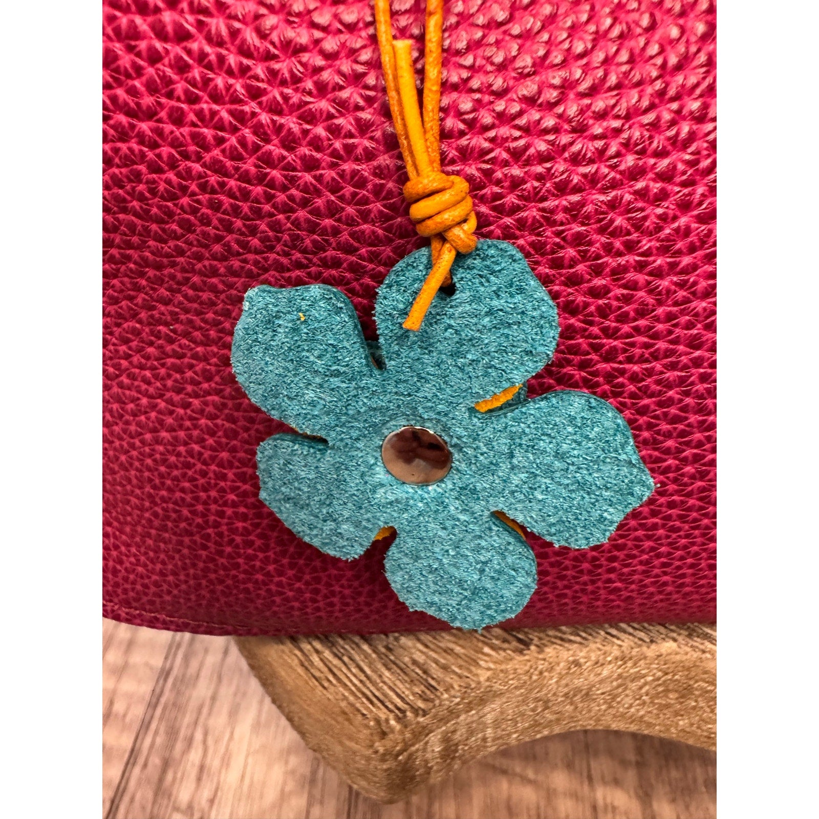 Leather Flower Bag Charm Blue Yellow Blue Flower Purse Charm Genuine Leather
