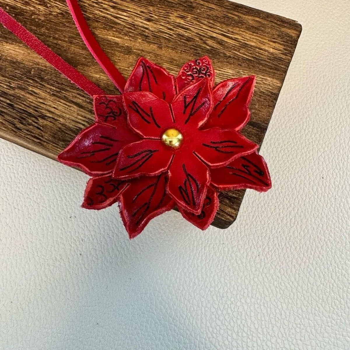 Poinsettia Leather Purse Charm Hand Painted FAST SHIP Leather Keychain Bag Flair