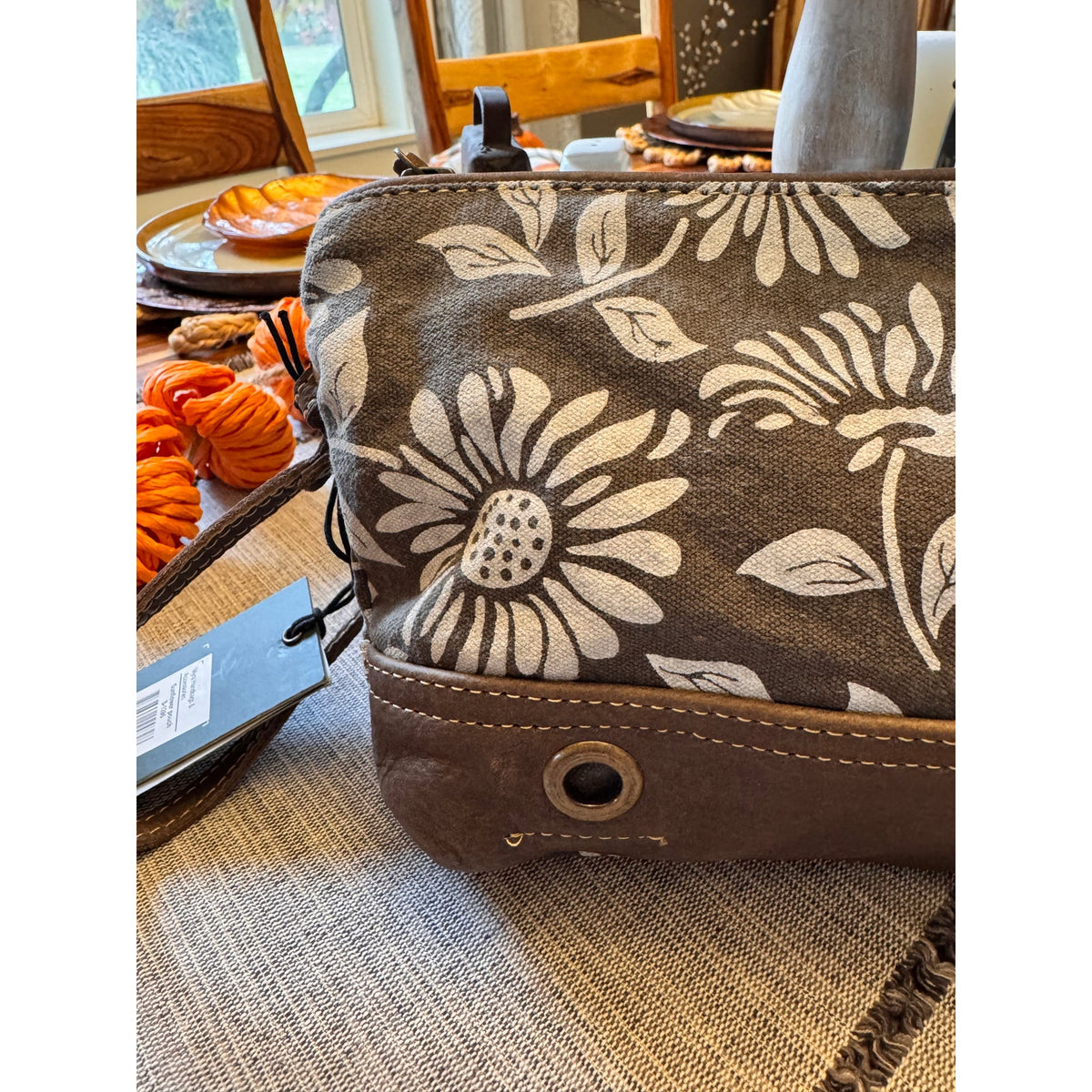 Daisy Flower Clutch Brown Neutral Purse Wristlet Bag Boho Pouch 9 x 6