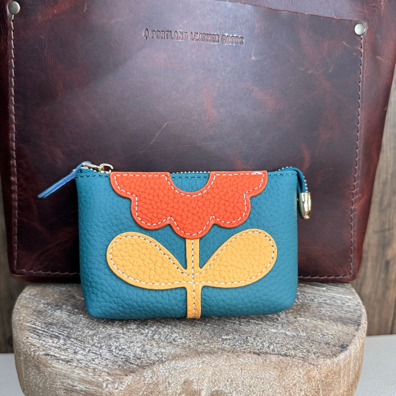 Flower Turquoise Coin Purse Wallet Genuine Leather Wallet FAST SHIP 5.25 inch