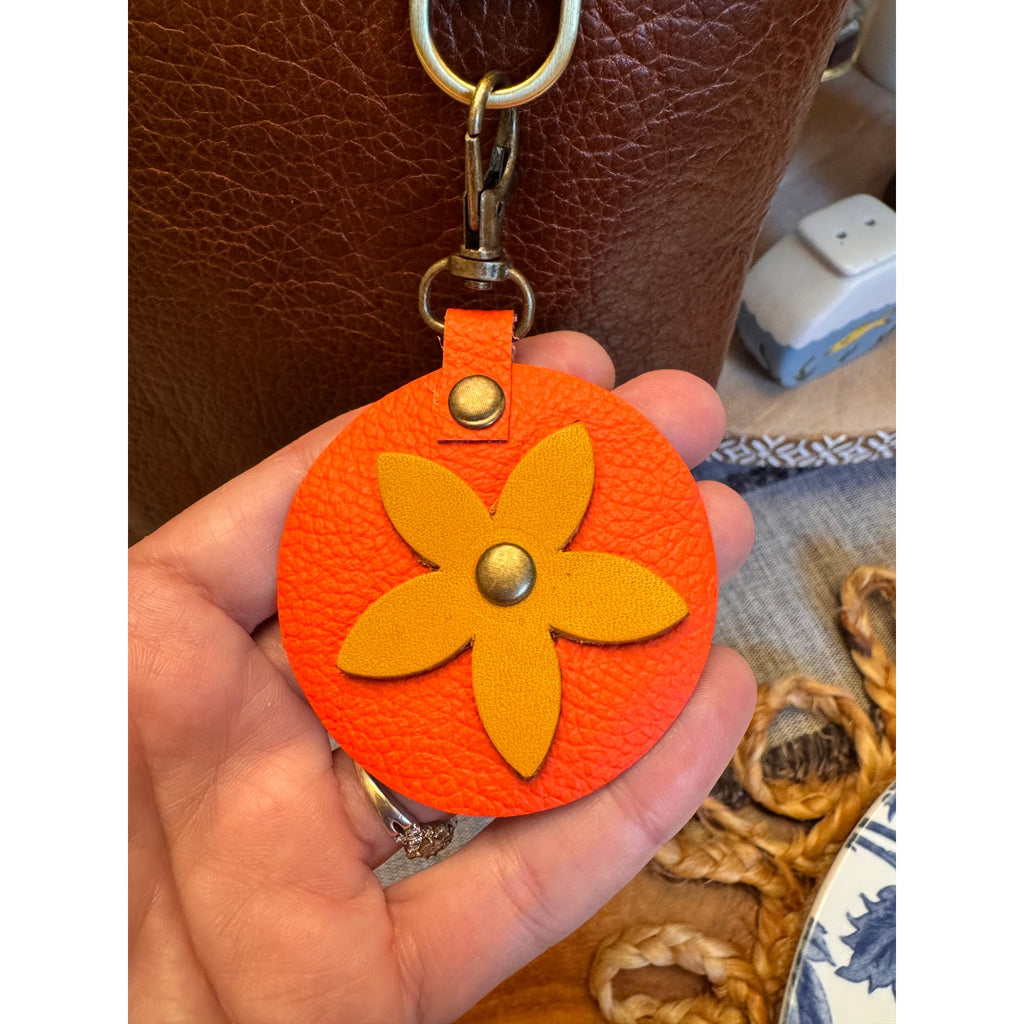 Round Yellow Flower Bag Charm Genuine Leather Orange Yellow Accessories NEW!