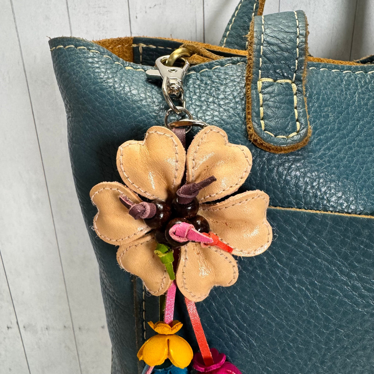 Autumn Beige Daisy Bag Charm Genuine Leather Flower Purse Charm NEW