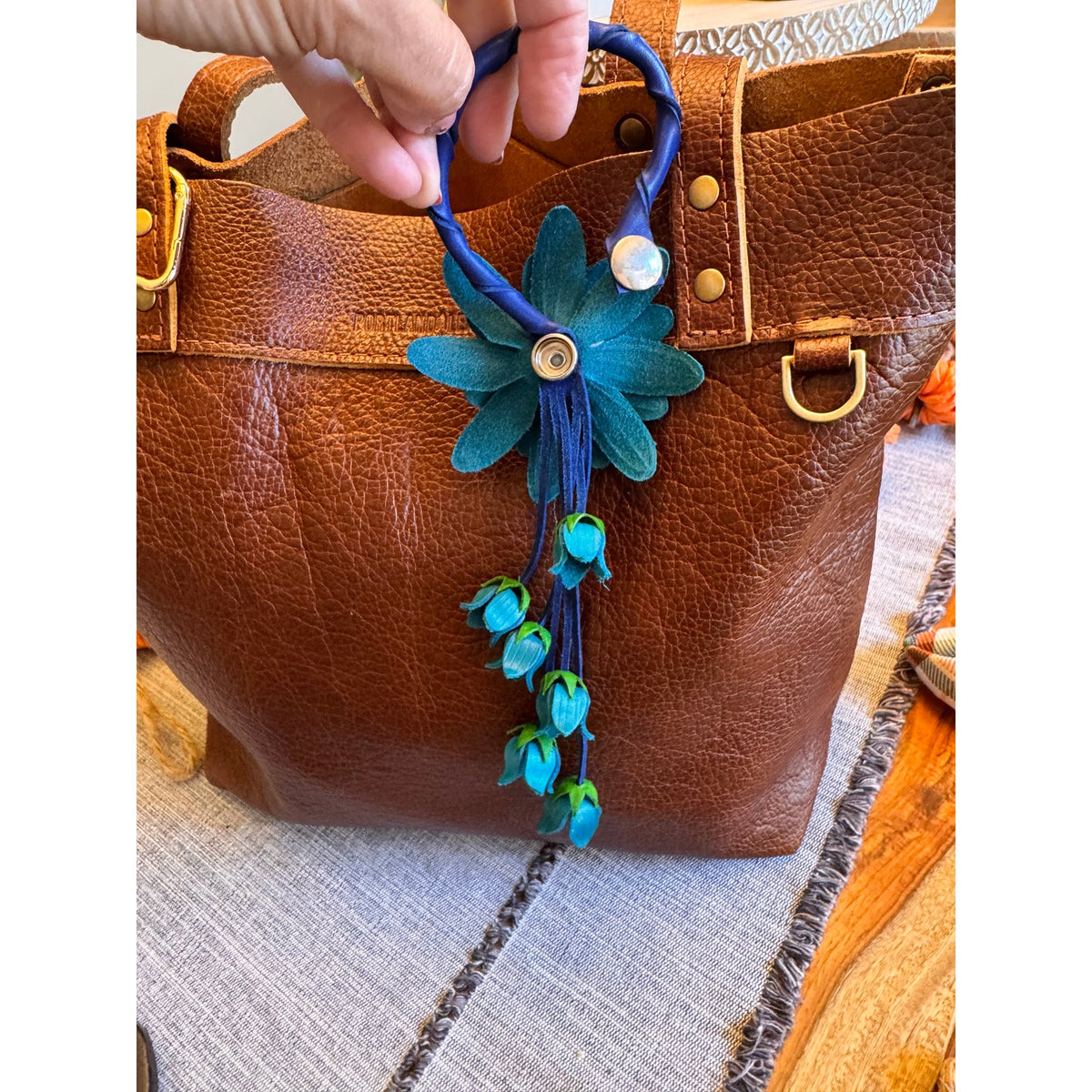 Blue Sunflower Purse Charm Flower Bag Charm Genuine Leather Accessories NEW!