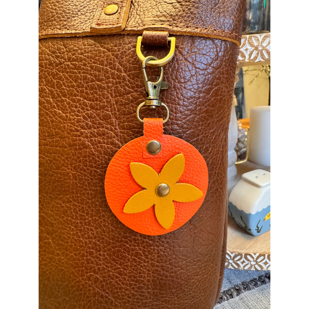 Round Yellow Flower Bag Charm Genuine Leather Orange Yellow Accessories NEW!