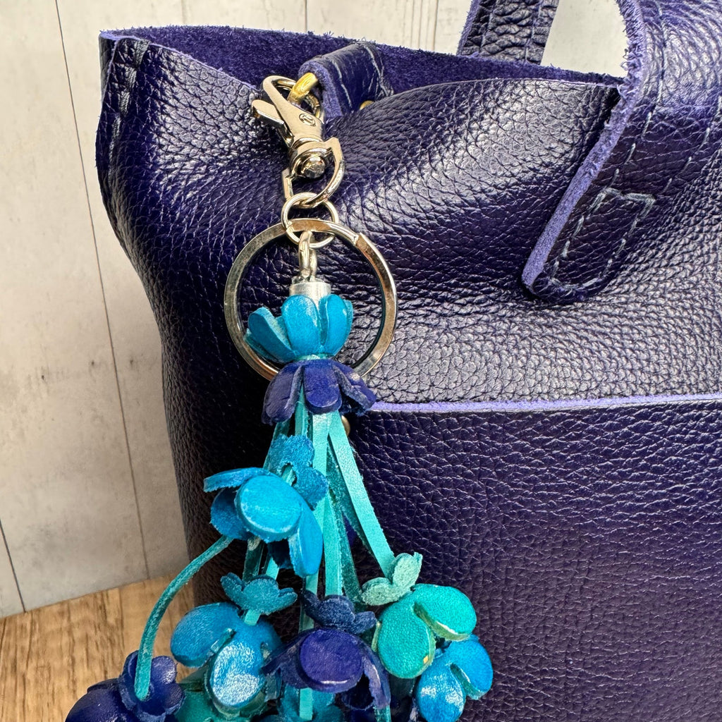 Blue Purse Charm Genuine Leather Bag Charm Blue Flower Bouquet FAST SHIP