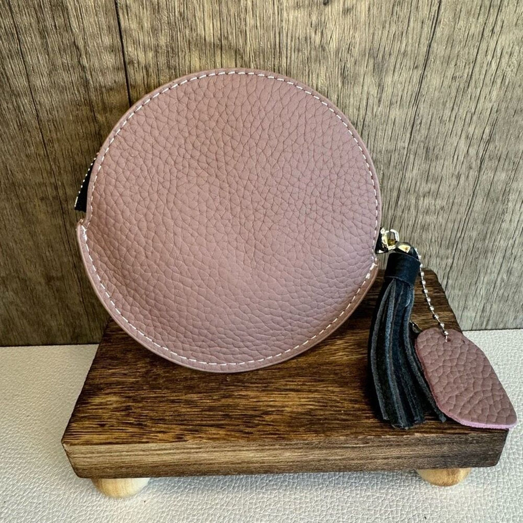Round Coin Purse Dusty Rose Leather Wallet Key Holder Purse Charm New FAST SHIP