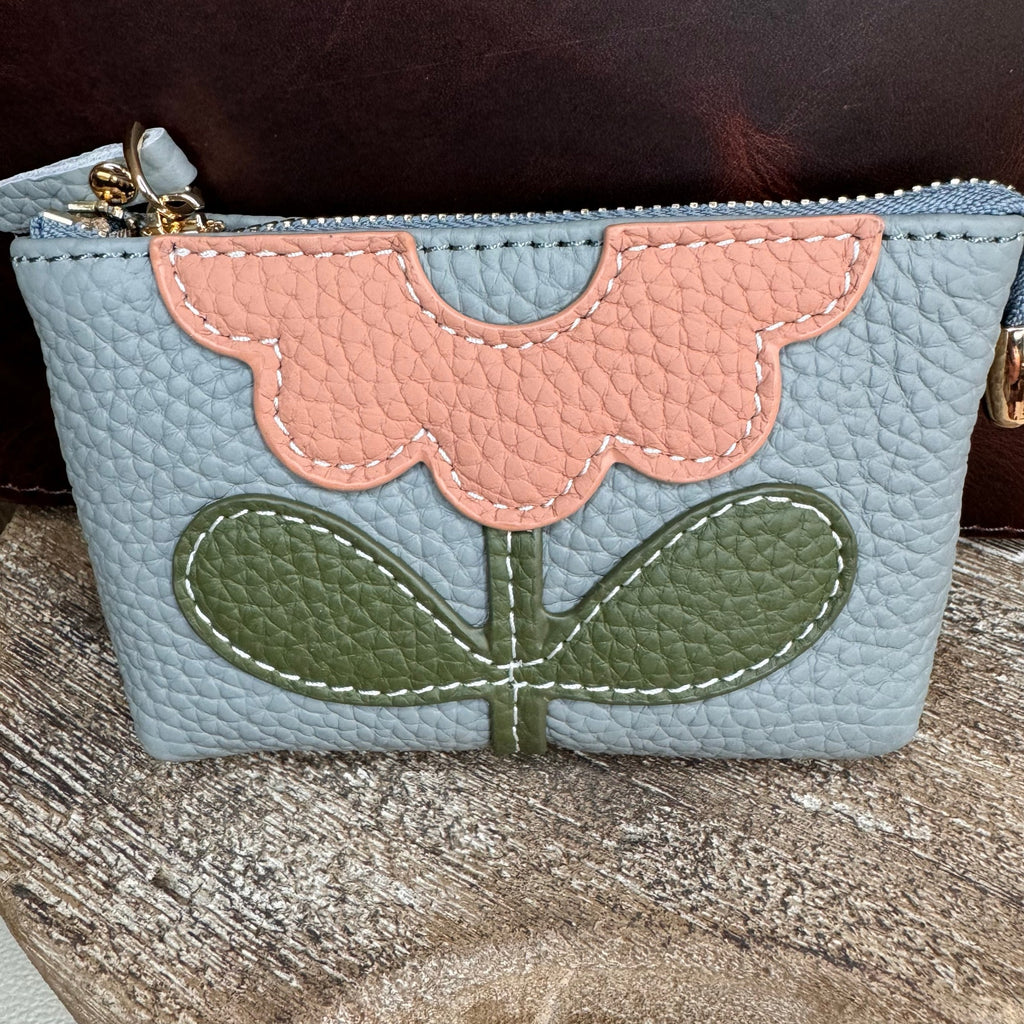 Flower Coin Purse Light Blue Wallet Genuine Leather Wallet NEW FAST SHIP