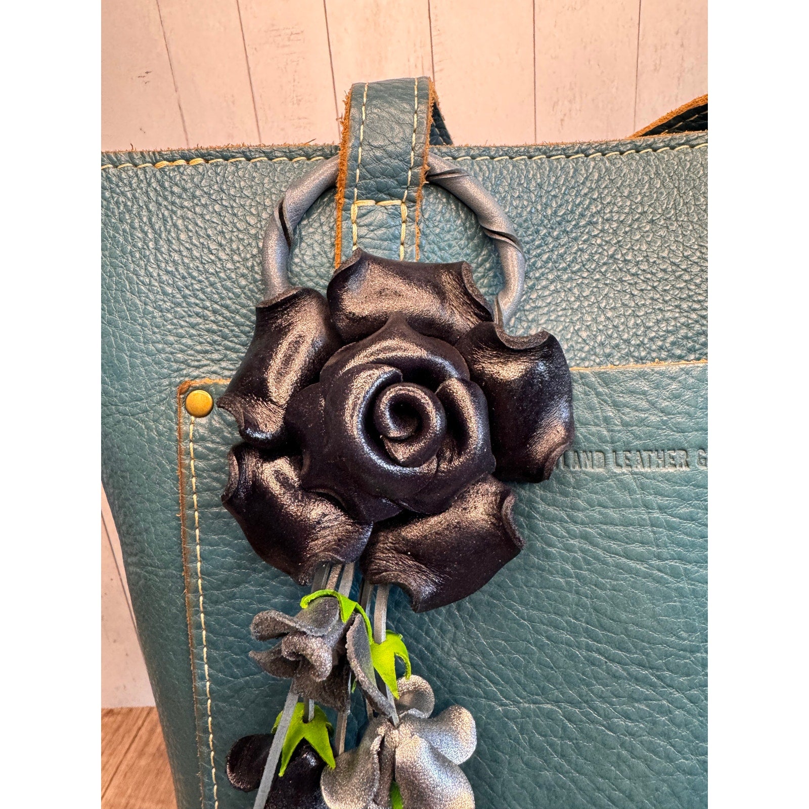 Leather Black Rose Purse Charm Genuine Leather Flower Bag Charm FAST SHIP