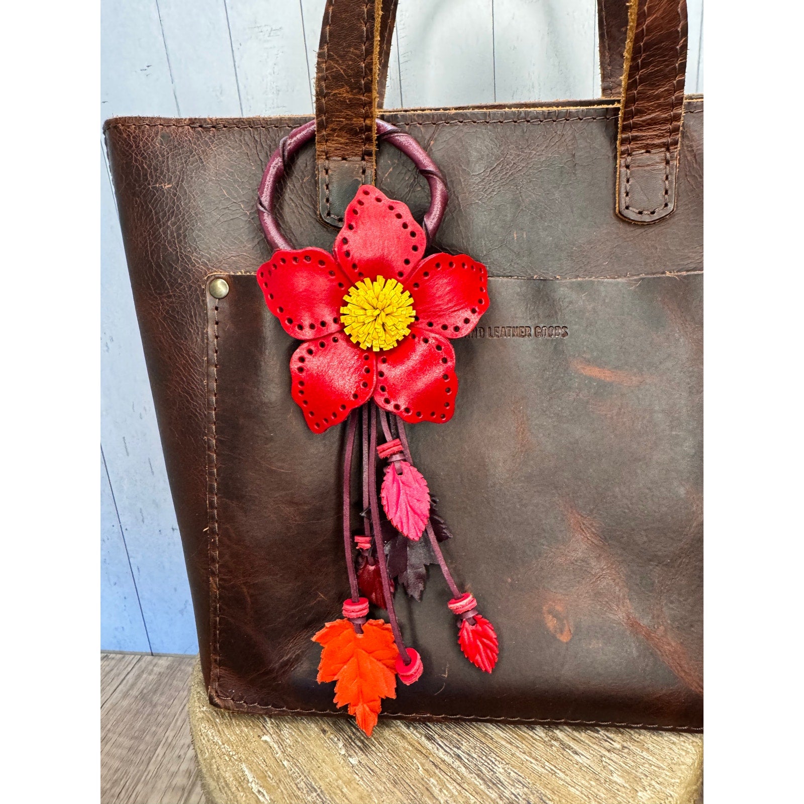 Red Leather Purse Charm Genuine Leather Red Daisy Flower Bag Charm Red Flowers