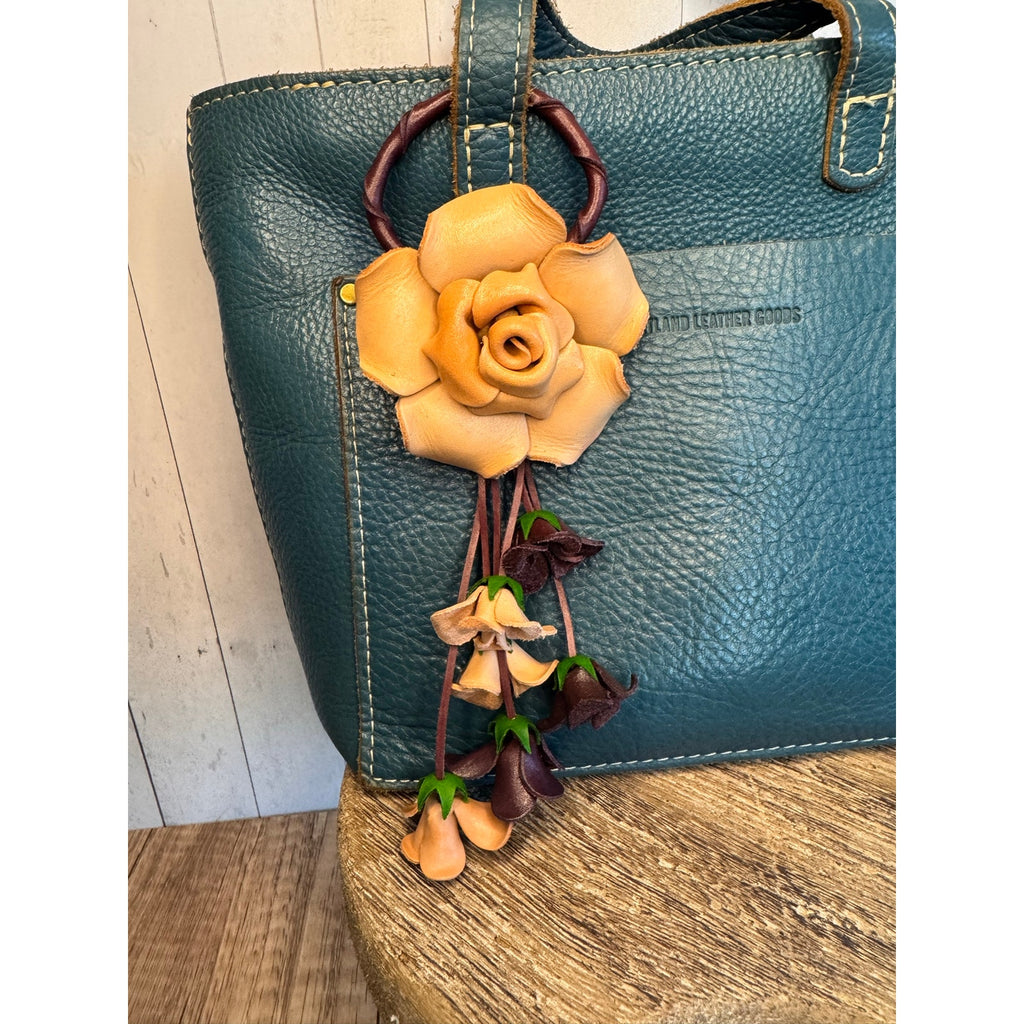 Rose Purse Charm Genuine Leather Tan Rose Summer Flower Bag Charm FAST SHIP
