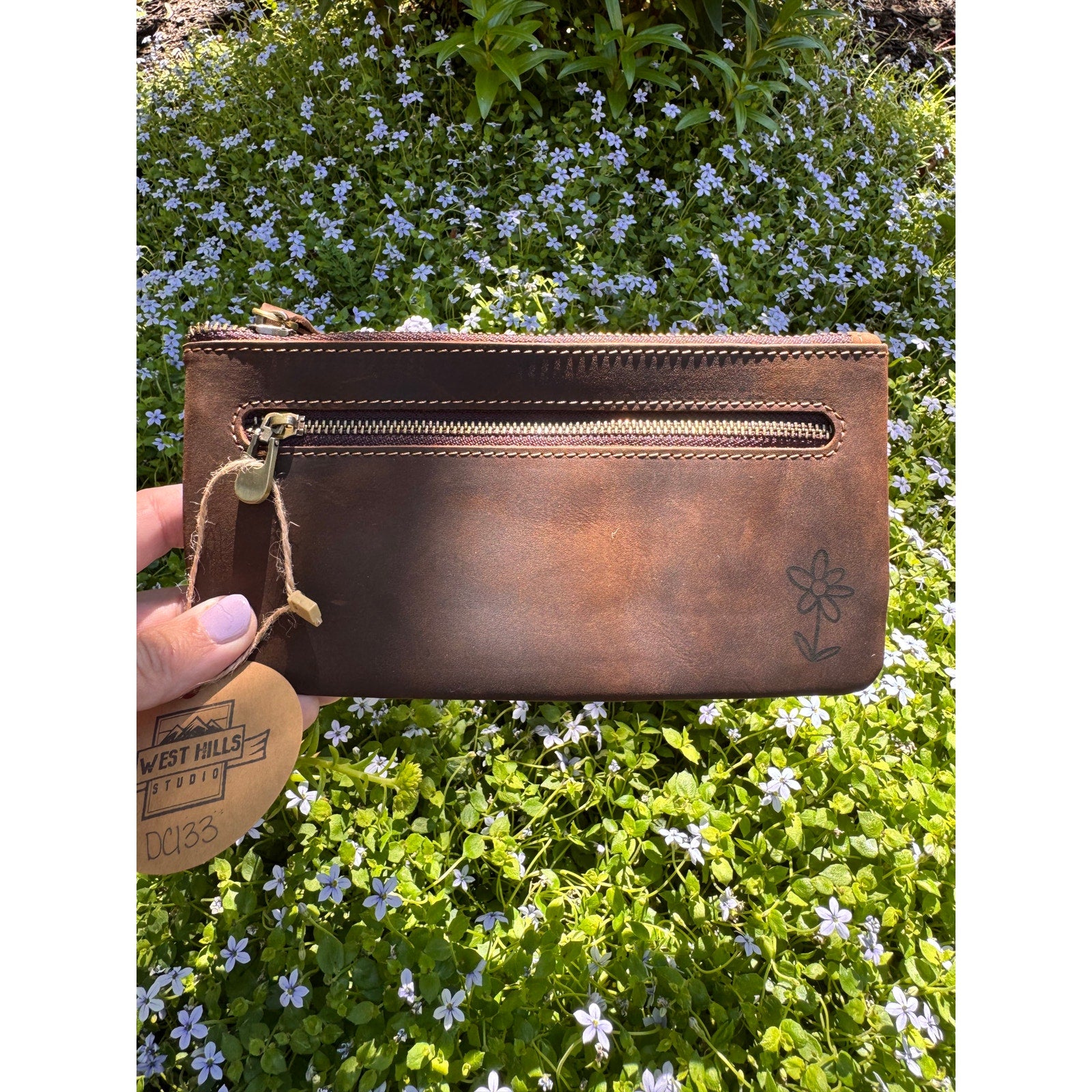 Genuine Leather Dark Grizzly Brown  Makeup Bag Artist Pouch Leather Wristlet Bag