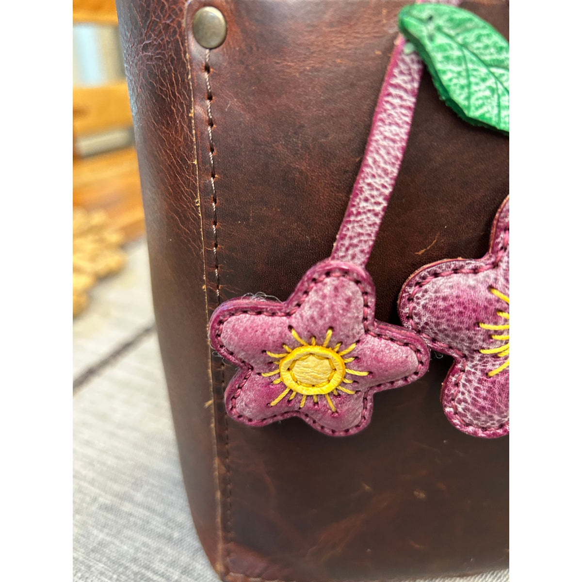 Double Purple Flower Bag Charm Daisy Flower Genuine Leather Purse Charm