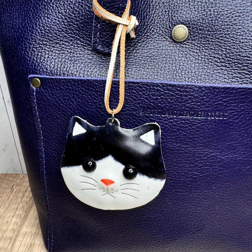 Genuine Leather Black Cat Bag Charm Leather Hand Painted Kitty Cat Purse Charm