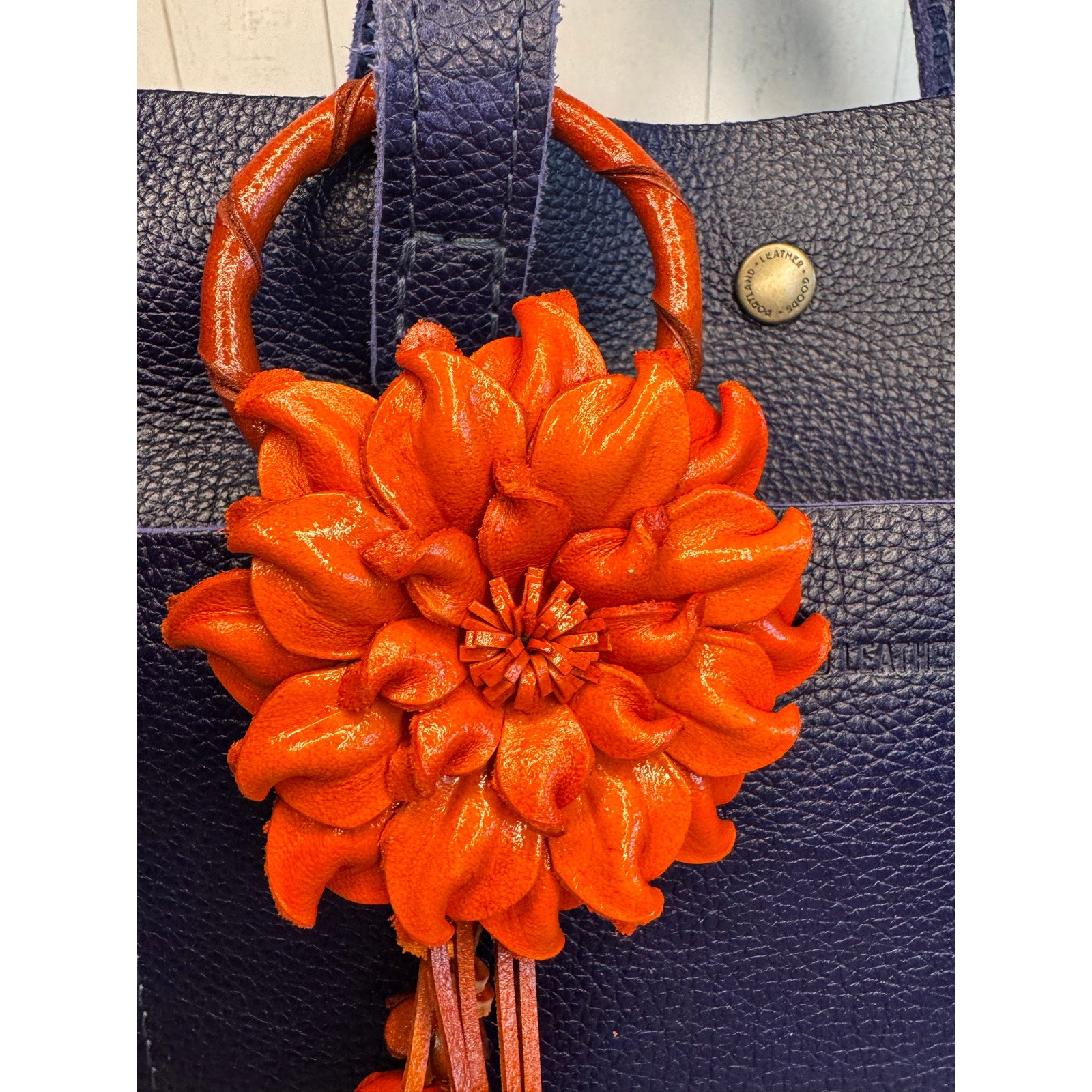 Leather Flower Purse Charm Genuine Leather Orange Mum Dahlia Bag Charm NeW!