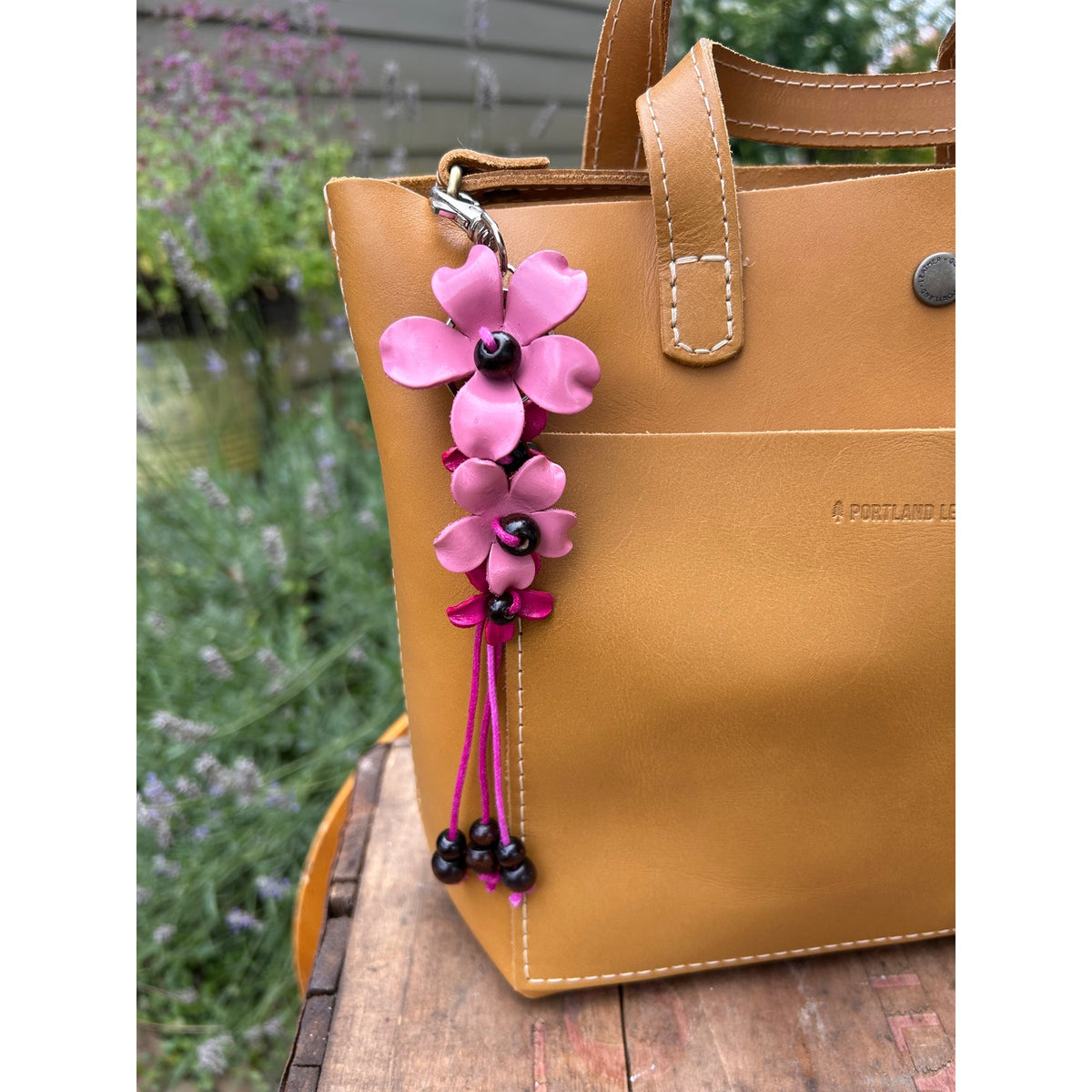Plumeria Flower Bag Charm Genuine Leather Flower Bag Charm Pink Flower Charm