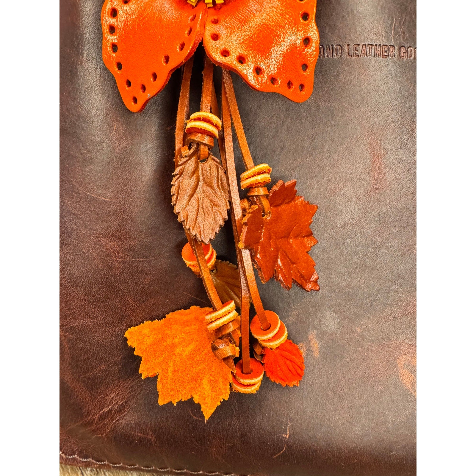 Autumn Orange Leather Purse Charm Genuine Leather Orange Flower Bag Charm