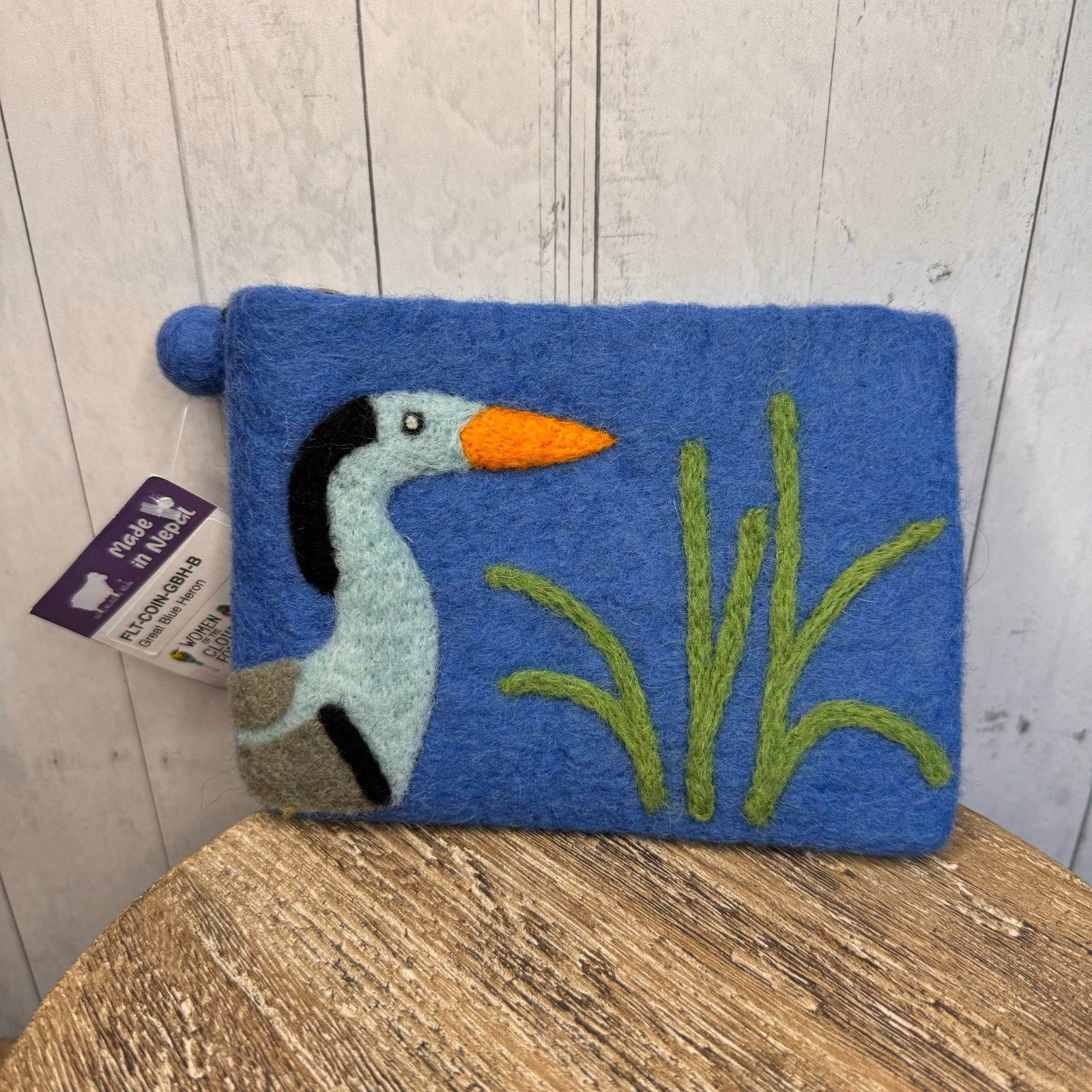Felted Wool Blue Wallet Pouch Blue Heron Bird Lover Makeup Bag New FAST SHIP