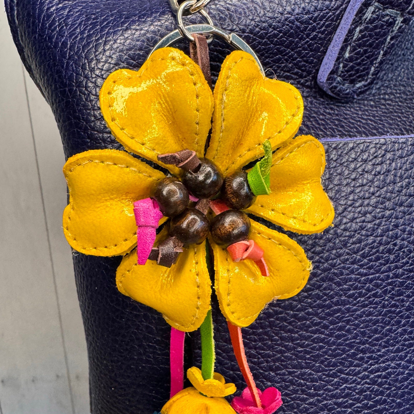 Yellow Daisy Flower Leather Bag Charm Genuine Leather Purse Charm Flowers