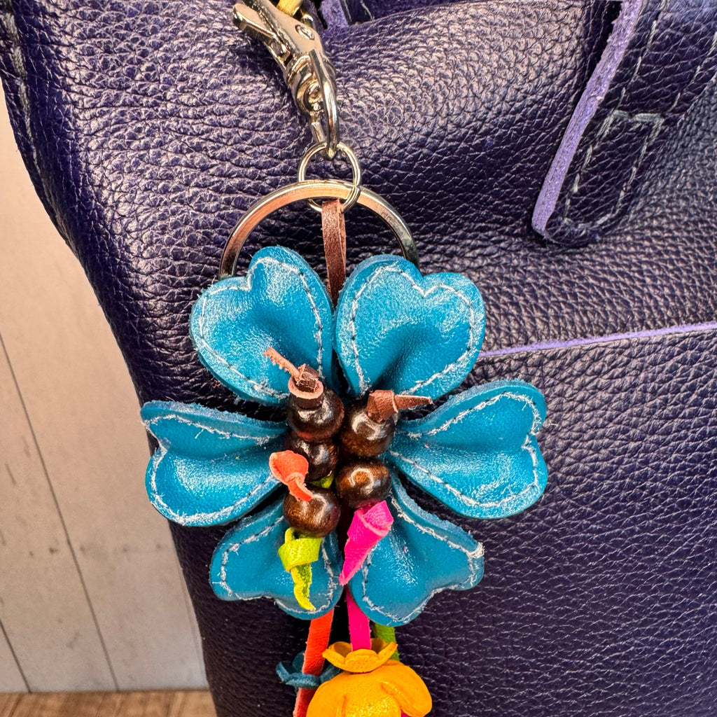 Bright Blue Daisy Flower Leather Bag Charm Genuine Leather Purse Charm Flowers
