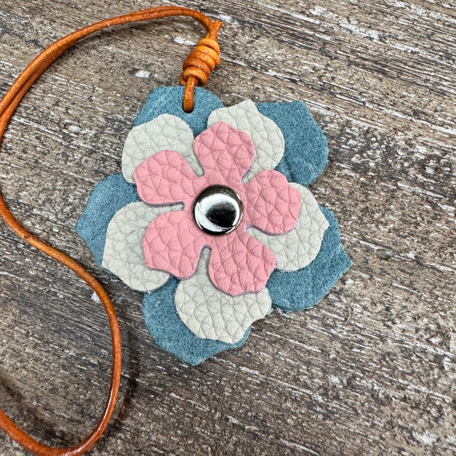 Leather Charm Flower Bag Charm Genuine Leather Blue Pink Purse Keychain