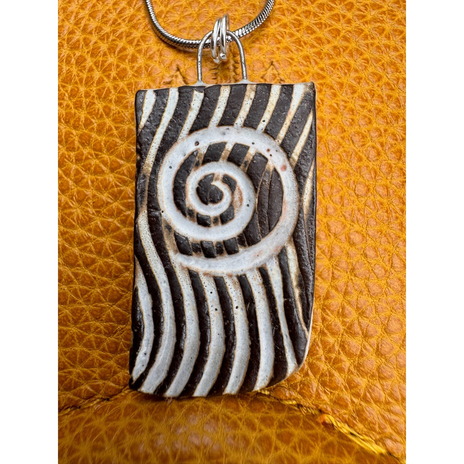 Ceramic Kiln Fired Rectangle Pendant Necklace Handcrafted Boho Pendant Necklace
