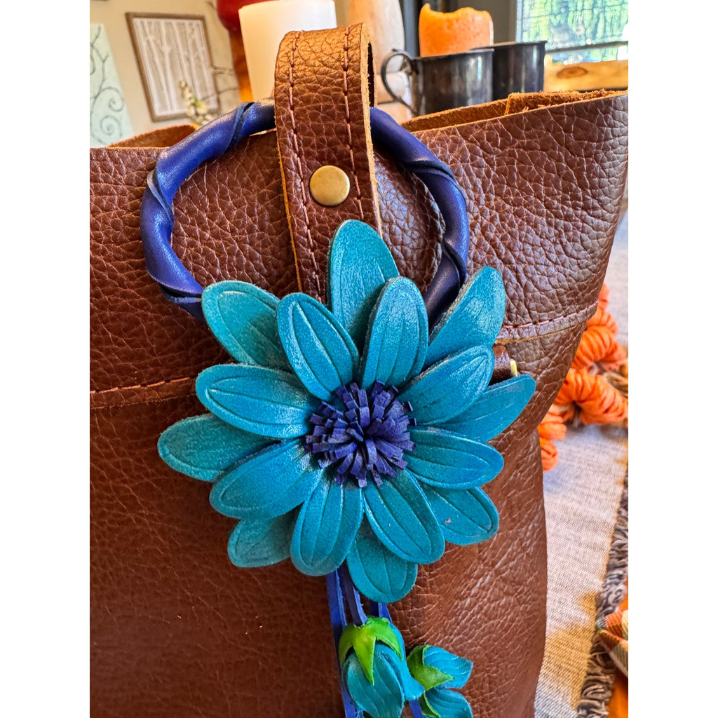 Blue Sunflower Purse Charm Flower Bag Charm Genuine Leather Accessories NEW!