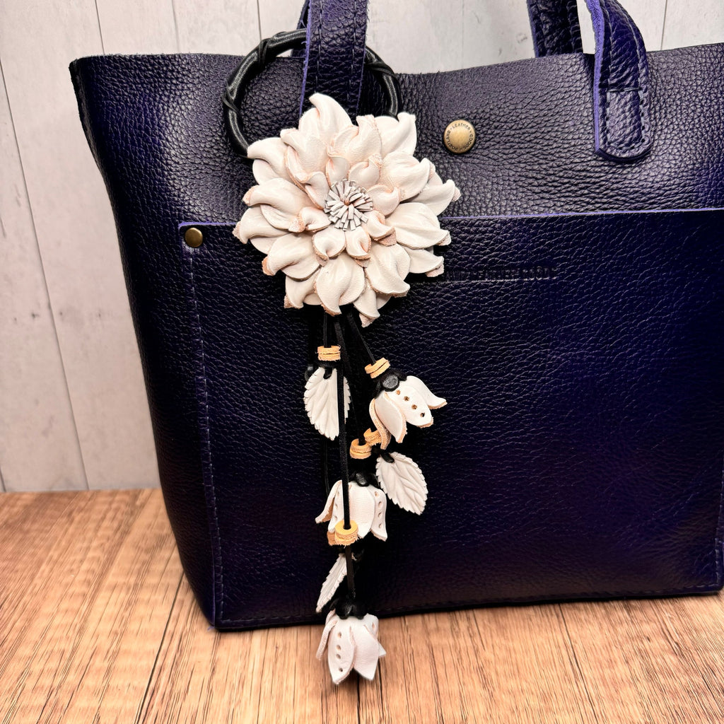 White Dahlia Leather Flower Purse Charm Genuine Leather White Flower Bag Charm