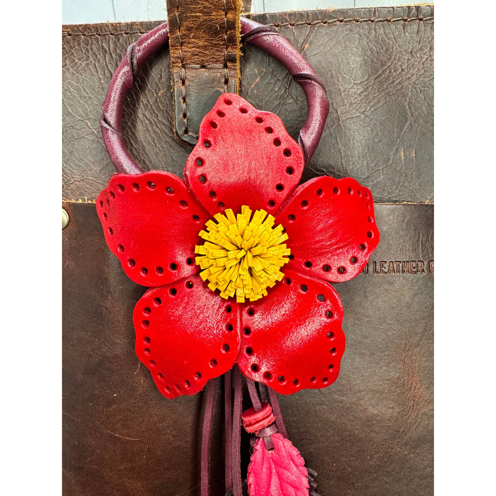Red Leather Purse Charm Genuine Leather Red Daisy Flower Bag Charm Red Flowers