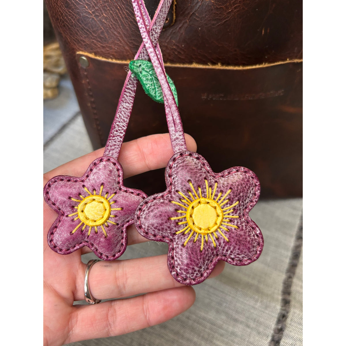 Double Purple Flower Bag Charm Daisy Flower Genuine Leather Purse Charm
